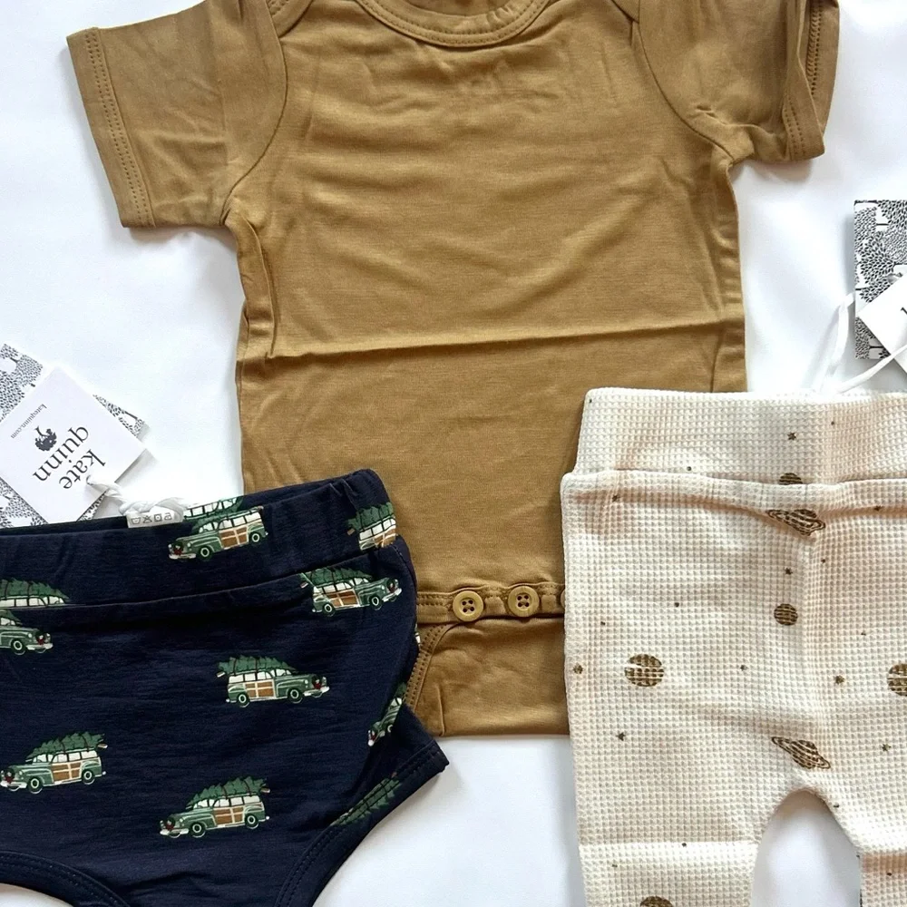 NWT Kate Quinn 3 Piece Baby Set 0-3M Woods Holiday Bamboo Modal Cotton